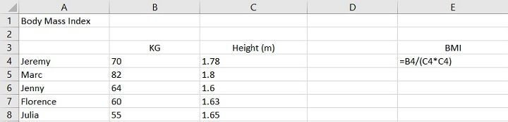 Relative reference Excel - BMI example