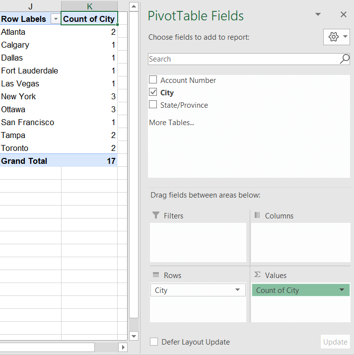 Count unique values Excel - pivot tables