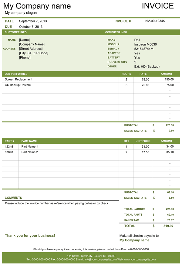 Computer repair invoice template