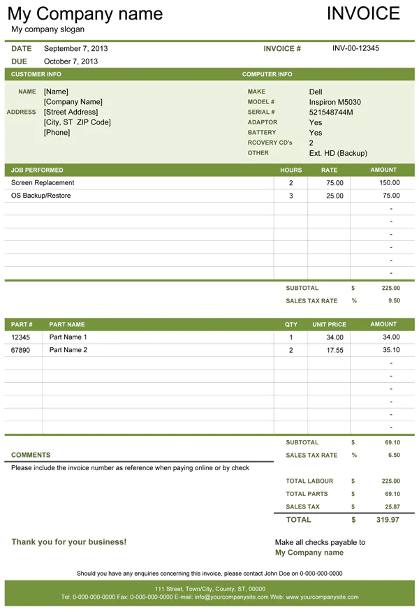 Computer repair invoice template