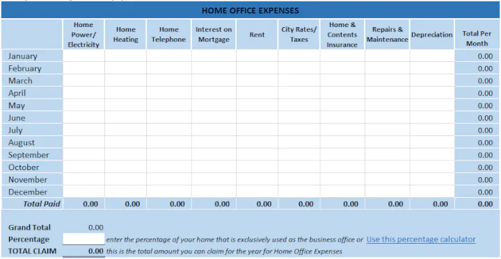 Home office expense tracking template