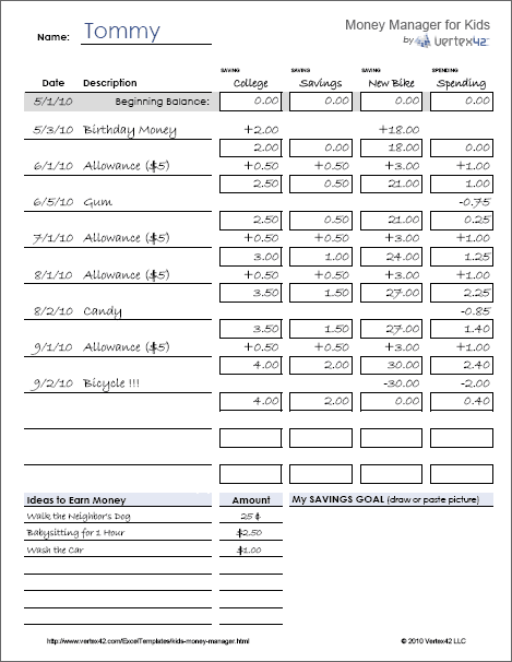 Kids money management template