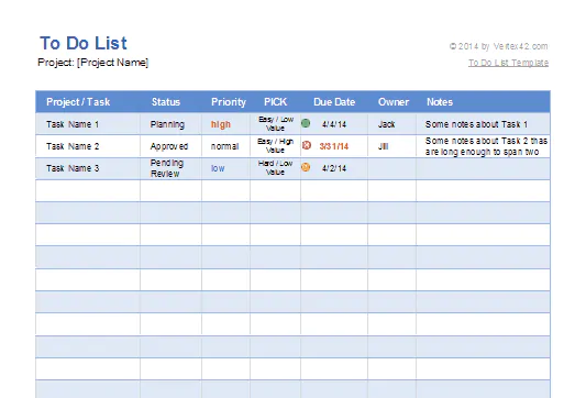 excel tasks template