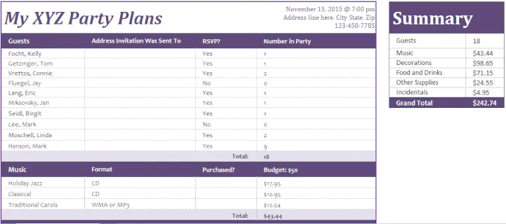excel business model template party-planning-template
