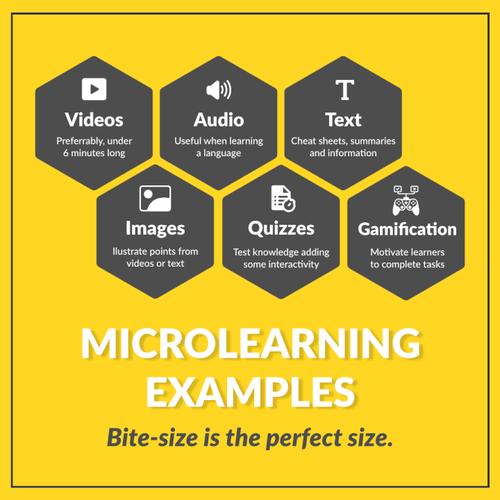 microlearning examples: videos, audio, text, images, quizzes, gamification