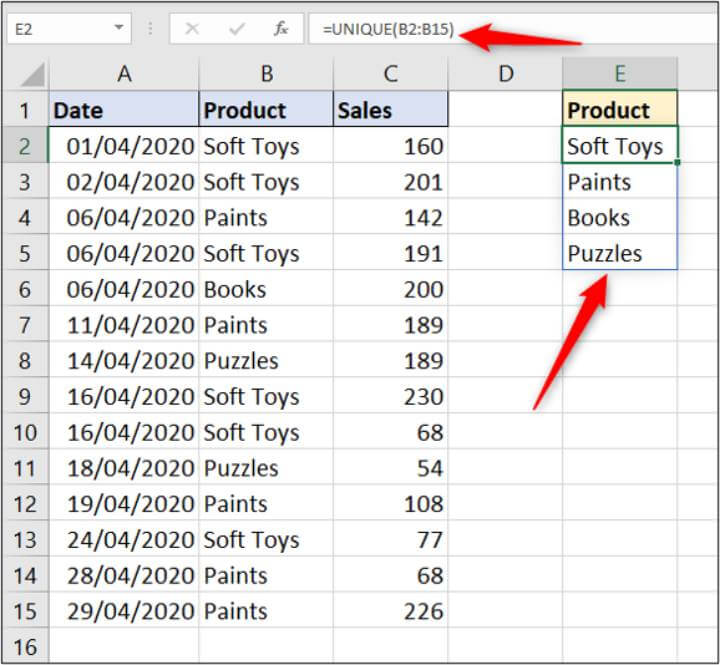 Excel UNIQUE formula