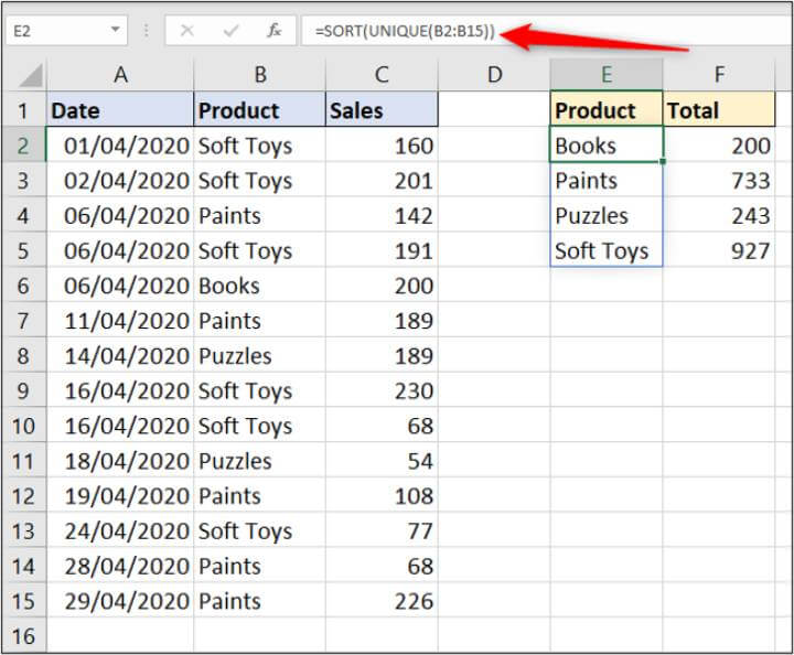 Excel SORT formula 