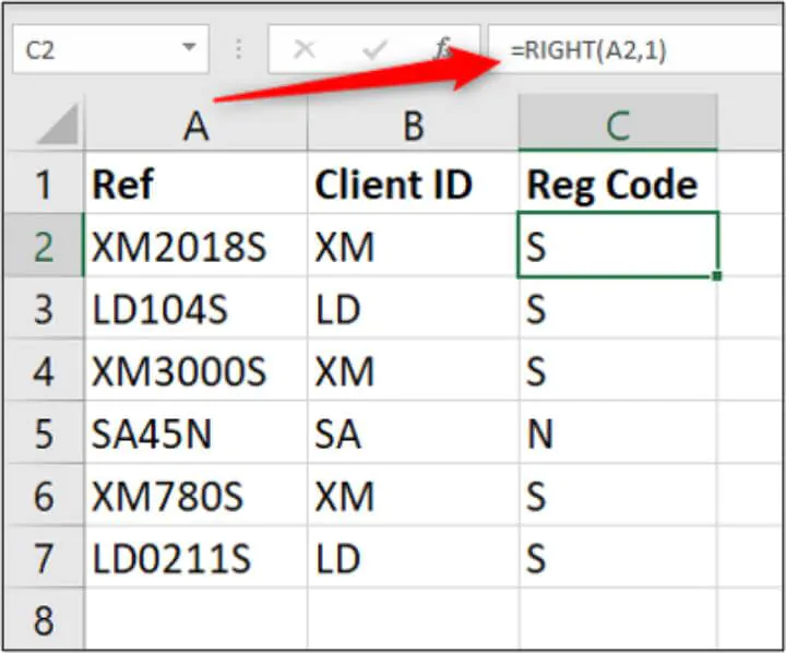 Excel RIGHT formula