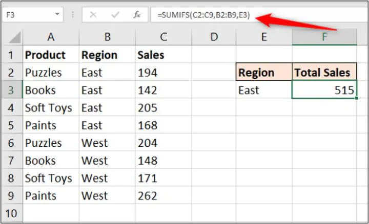 Excel SUMIFS formula