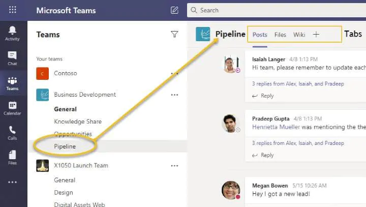 Microsoft Teams - Channels selected with tabs called out