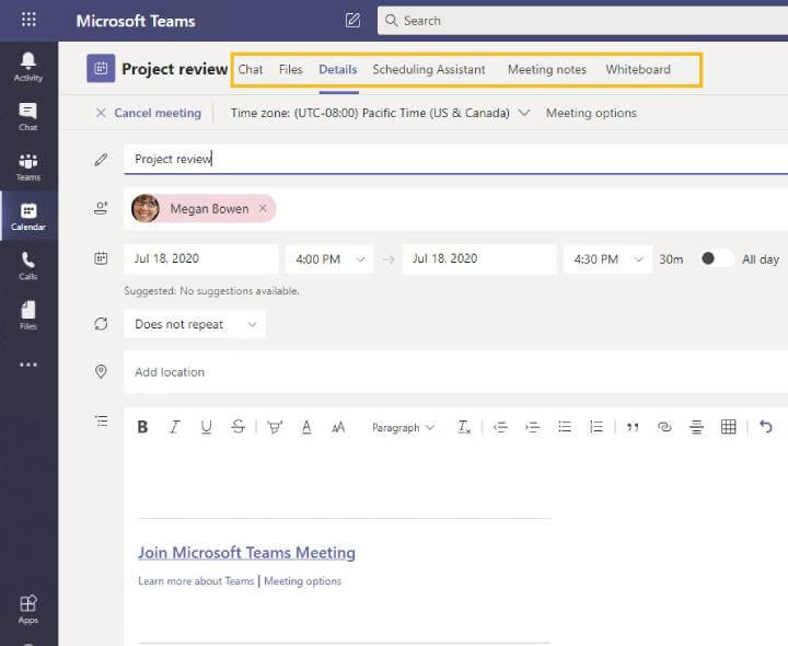 Microsoft Teams - Options after meeting is created