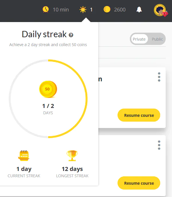 GoSkiills gamification daily streak