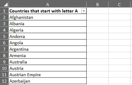 asterisk wildcard character - country list