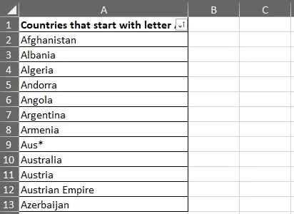 wildcard characters tilde - list of countries