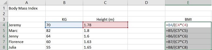 Relative reference Excel - BMI example