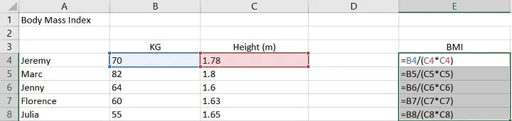 Referensi relatif Excel - contoh BMI