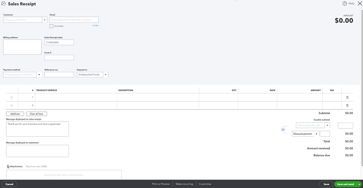 QuickBooks sales receipt