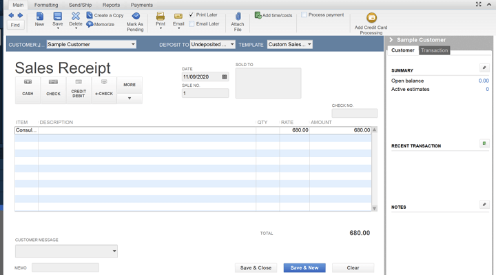 QuickBooks sales receipt