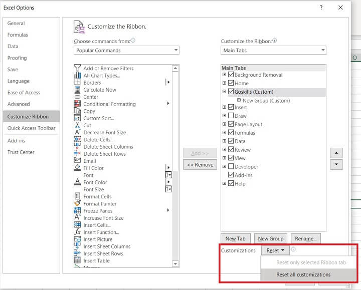 The Excel ribbon - Reset