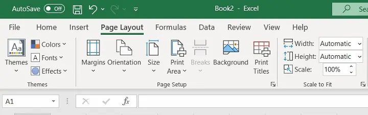 Excel ribbon - page layout