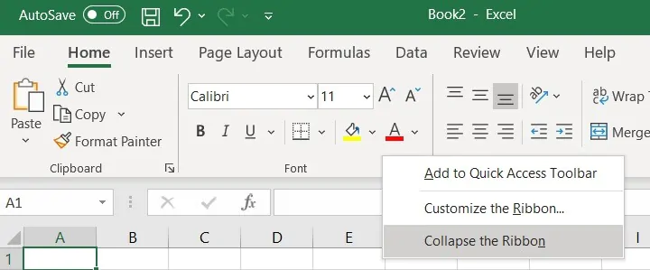 The Excel ribbon - Collapse the Ribbon