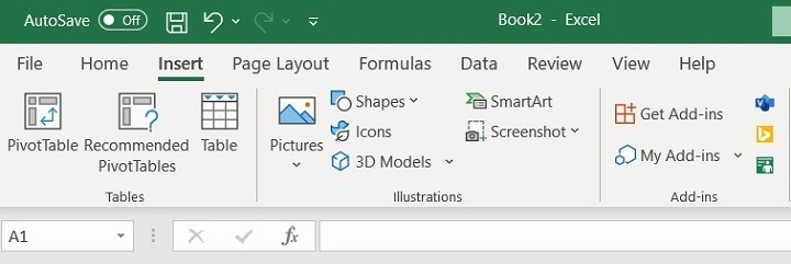 Excel ribbon - insert tab