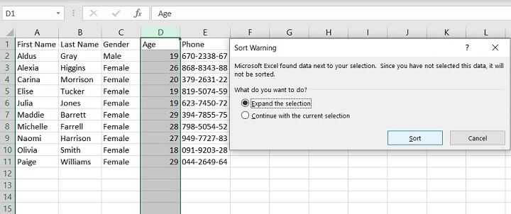 Sorting in Excel - sort icons