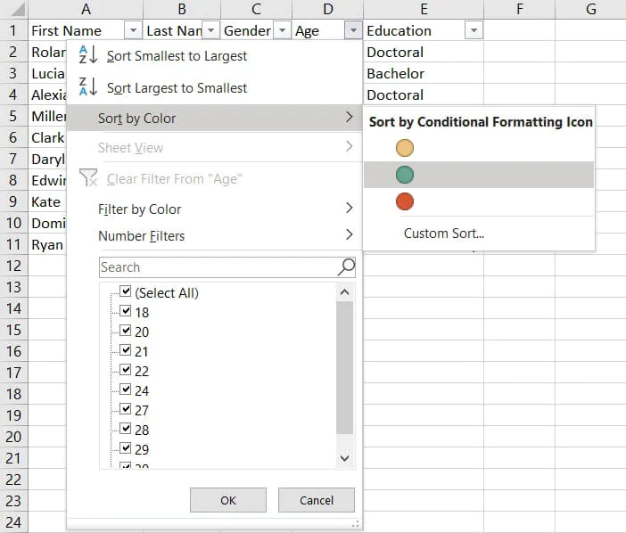 Sorting in Excel - dropdown