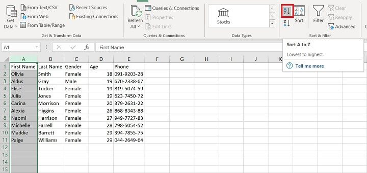 Sorting in Excel - sort icons