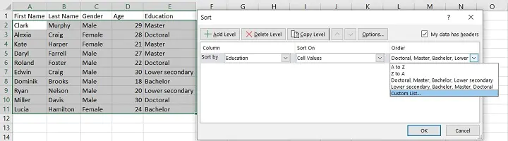 Sorting in Excel - custom