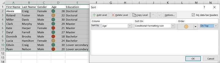 Sorting in Excel - cell icon