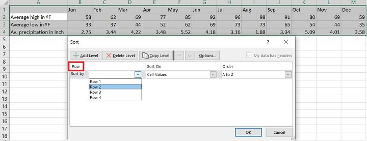 Sorting in Excel - rows