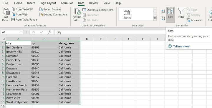 Sorting in Excel - range