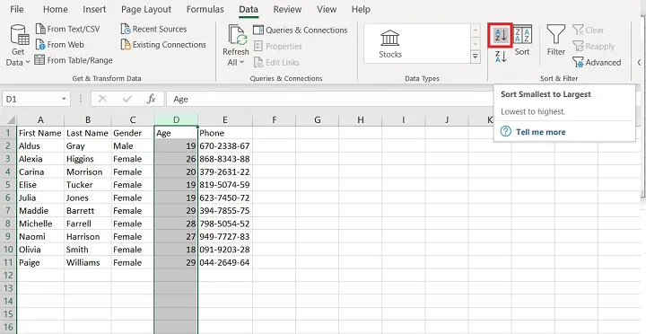 Sorting in Excel - sort icons