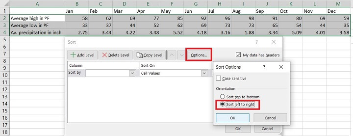 Sorting in Excel - rows