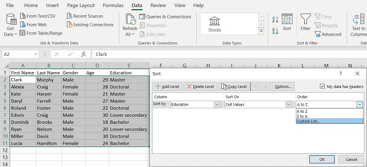 Sorting in Excel - custom