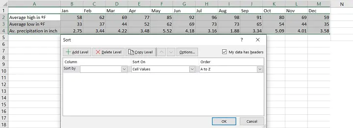 Sorting in Excel - rows