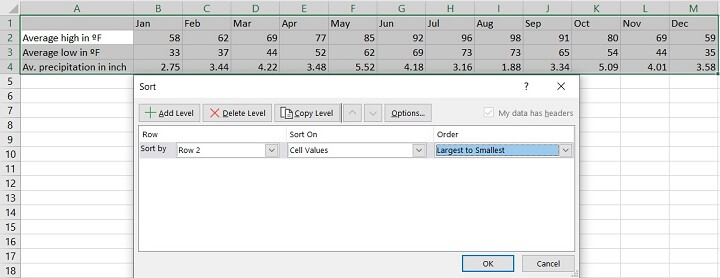 Sorting in Excel - rows