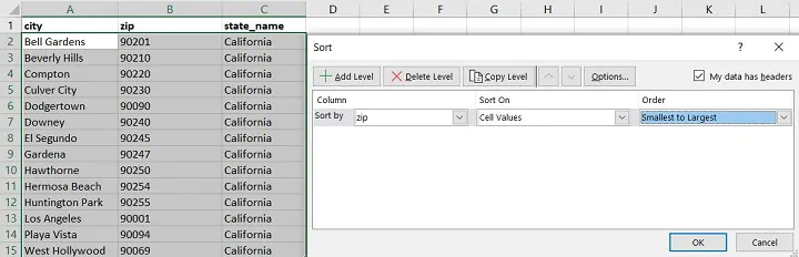 Sorting in Excel - range