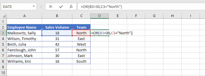 Excel OR function - example