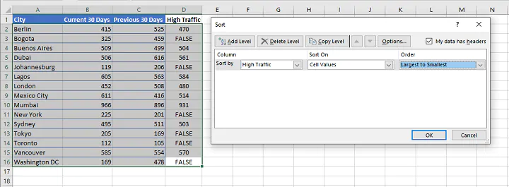 Excel OR function - sorting