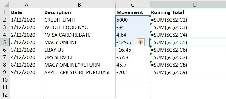 Excel Cumulative Sum - Running Total - MIXED