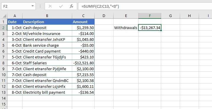 sumif Excel - required arguments