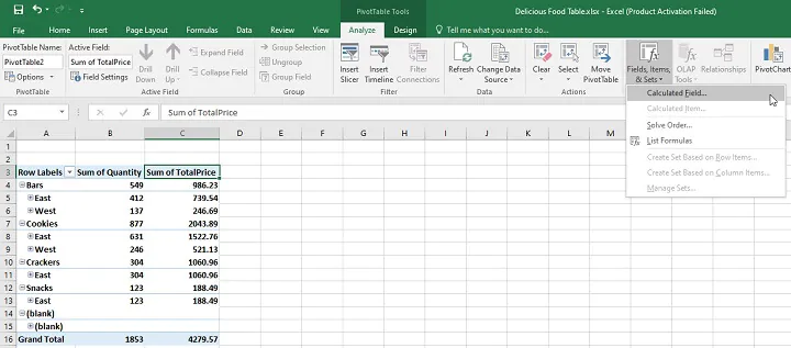 Pivot table calculated field - simple calculated fields