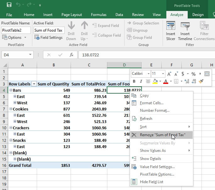 Pivot table calculated field - remove