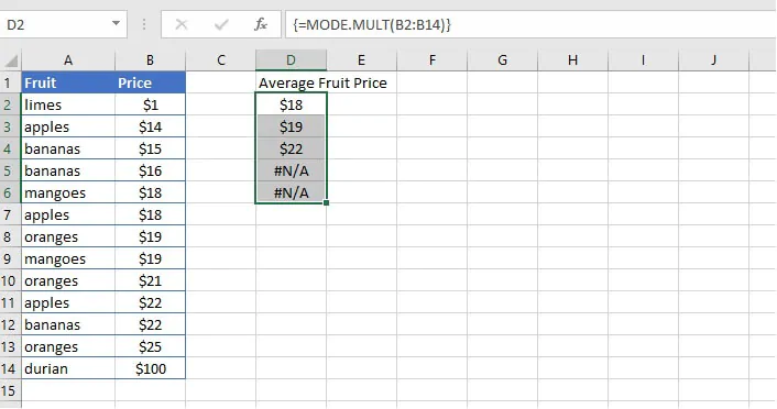 How to calculate average in Excel - MODE.MULT