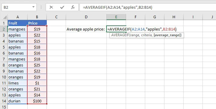 Excel Averageif function