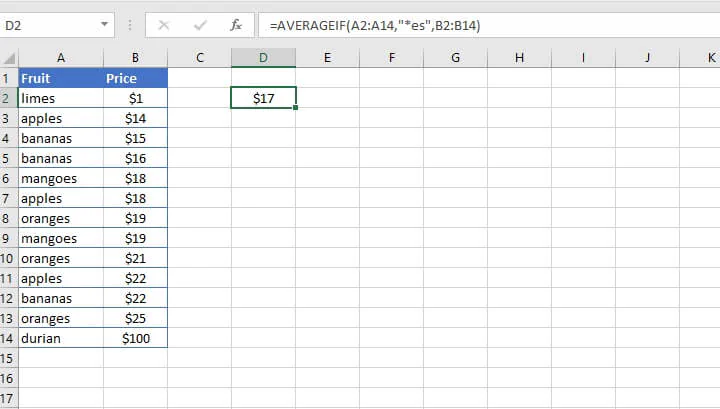 Excel Averageif function - kecocokan sebagian