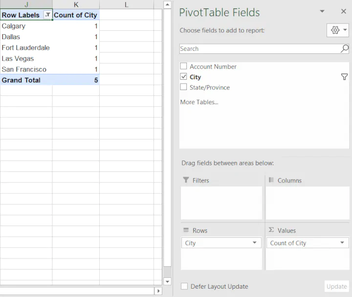Count unique values Excel - pivot tables