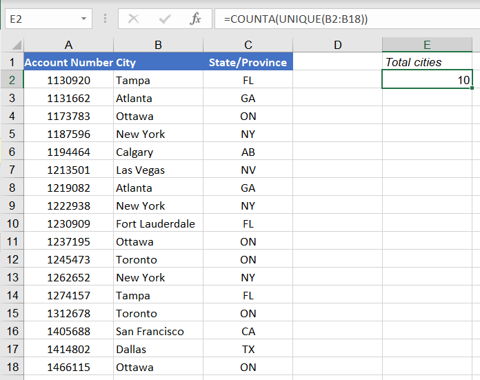 Count unique values Excel - numerical count